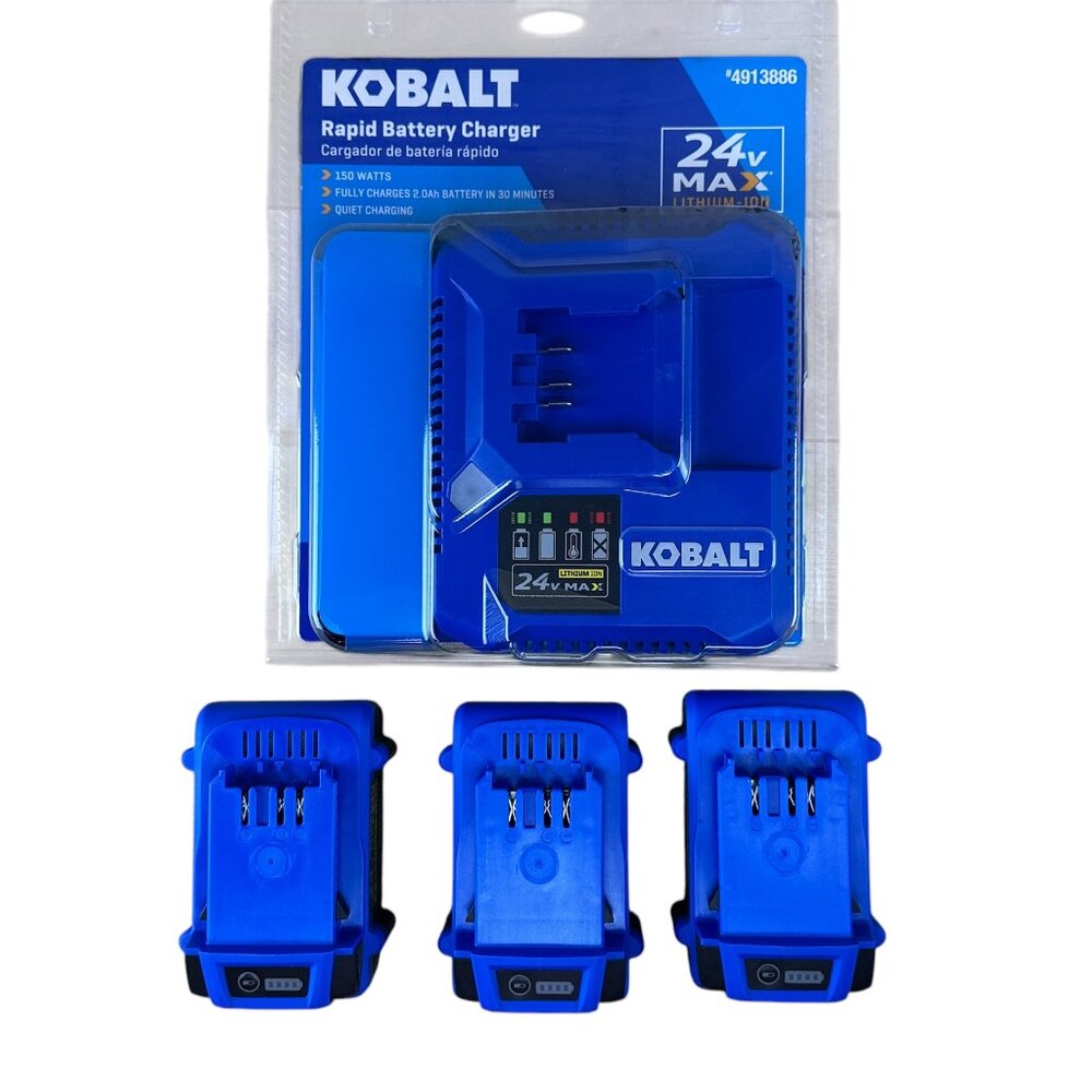 NEW - 3 Pack Kobalt 24V Lithium Ion 4.0 Ah Battery & Charger Kit - #1102357